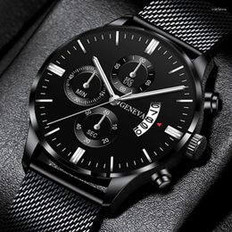 Wristwatches Men's Fashion Business Calendar Watches Men Luxury Blue Stainless Steel Mesh Belt Analogue Quartz Watch Relogio Masculino