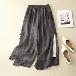 Women's Pants Capris Grey Cotton Linen Casual Elastic High Waist With Lining Womens Pants Korean Fashion Wide Leg Ankle-Length Pants For Women 2024 Y240422