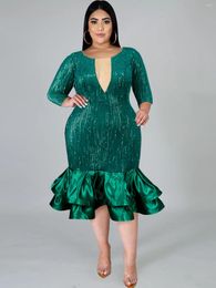 Plus Size Dresses 4XL Women Luxury Sequined Evening Party Dress Green Gliter Long Sleeve Slim Tiered Ruffled Hem Prom Wedding Guest Gown
