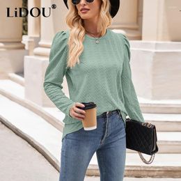 Women's T Shirts Spring Autumn Round Neck Jacquard Long Sleeve T-shirt Ladies Loose Casual Solid Colour Pullover Top Female Tee Clothing