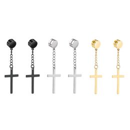 Earrings Punk Cross Pendant Tassel Stainless Steel Earrings Magnet Fashion Geometric Clip Ear Jewellery Party Gifts For Women Men