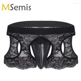 Underpants Gay Mens Sissy Lingerie Lace Hollow Out Crotchless Open Back Leather Boxer Underwear Panties Sexy Male Bulge Pouch