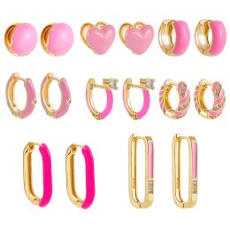 Earrings Cute Enamel Pink Geometric Round Heart Hoop Earrings Minimalist Gold Colour Copper CZ Zirconia Hoop Huggies Korean Jewellery Gifts