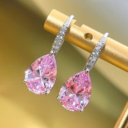 Choucong Brand Dangle Earrings Luxury Jewellery Stunning 925 Sterling Silver Water Drop Pink Topaz CZ Diamond Gemstones Party Women Wedding Drop Earring Gift