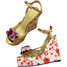 2024 Lady sheepskin leather sexy Ladies Wedge 15CM high heel sandals Shoes buckle open Toe peep-toe Europe and America The catwalk 3D Flower wedding Party size 35-43