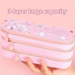 Three-layer Pencil Case Large Capacity Kawaii Stationery Anime Bag PU Leather Pen Box Girls Organizer School Pens Pouch