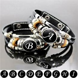 Strands Vintage 26 Letter Leather Rock Bracelet Women Men Punk AZ Initial Alphabet Handmade Braided Multilayer Adjustable Bangle Gift