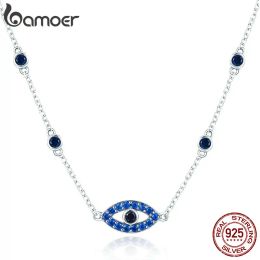 Necklaces BAMOER Real 925 Sterling Silver Blue Zircon Guardian Eye Pendant Necklaces Lucky Eye Neck Chain for Women Fine Jewellery SCN300