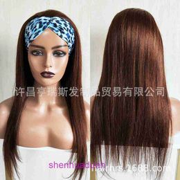 Womens headscarf wig real human hair brown ice silk hairband headband 4WxW