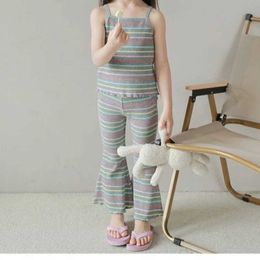 Clothing Sets Baby Girls Set 2024 Tops+pants Summer Suit Ice Silk Thin Childrens Striped Camisole Bell Pants Two-piece H240423