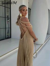 Urban Sexy Dresses Khaki Hollow Out Lace Up Backless Women Long Dress Sexy Off Shoulder Sleeveless Maxi Dresses 2024 Summer Party Vacation VestidosL2404