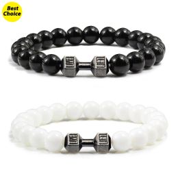 Strands Beaded Bracelet for Men Natural Black Lava Stone Dumbbell Barbell Bracelets for Fitness Workout Fashion Jewellery Accessories