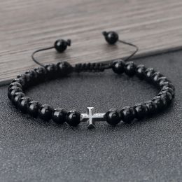 Strands Charm 6mm Natural Stone Beads Braided Bracelet Prayer Men Women Christian Jesus Bless Cross Bracelets Bangles Friendship Jewellery