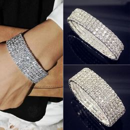 Luxury Full White AAA CZ Zircon Crystal Elastic Bracelet Bling Iced Out Rhinestone Womens for Women Wedding Jewellery 240423