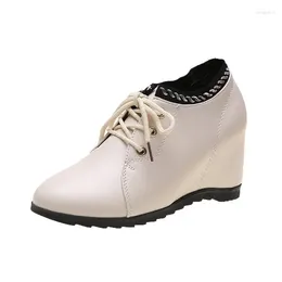 Casual Shoes Inner-increasing Soft Leather Women Wedges Comfortable Lace Up Female Flat Platform