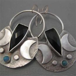 Dangle Chandelier Delicate Moon Black Blue Stone Earrings for Women Silver Color Jewelry H240423