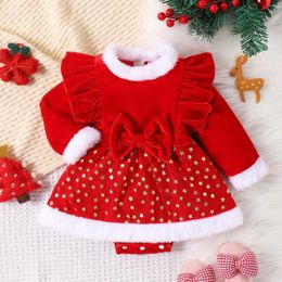 Girl Dresses Baby Christmas Clothes Winter Children's Gold Velvet Spliced Plush Stamped Star Skirt Hem Girls' Festival