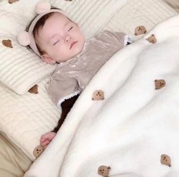 sets Baby Embroidery Thicken Blanket Soft Coral Fleece Newborn Infant Swaddle Wrap Blanket Bedding Stroller Cover 125x90CM