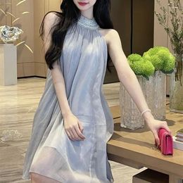 Casual Dresses Summer Elegant Beading Halter Neck Dress French Sleeveless Short Fairy Chiffon Female Loose A-Line Holiday J259