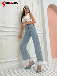 Women's Jeans High-Grade Women White Tassel Ostrich Feather High Waist Blue Streetwear Straight Wide-Leg Denim Jean Trousers For