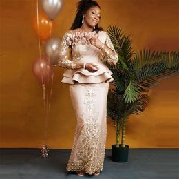 Gold African Rose Meerjungfrau Abendkleider ASO EBI -Stil Spitze Rüschen formelle Party Frauen Kleider Plus Größe Custom Vestidos
