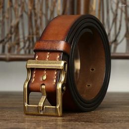 Belts 3.9CM Cowhide High Quality Genuine Leather For Men Strap Male Brass Buckle Fancy Thicken