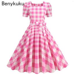 Party Dresses Plaid Dress 2024 Summer Women Vintage Swing Bow 50s 60s Rockabilly Prom Square Collar Retro Feminino Vestidos