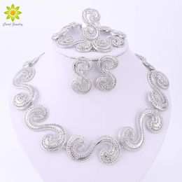 Strands African Jewellery Sets Silver Plated Hollow Out Necklace Bracelet Ring Earrings Sets Classic Bridal Jewelry Sets