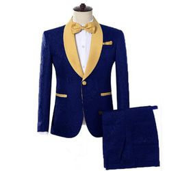 Blue Print Men Suits Gold Shawl Lapel Groom Tuxedos 2 Pieces Wedding Suits Flower print Suits jacket and pants for Prom Tuxedos5556034