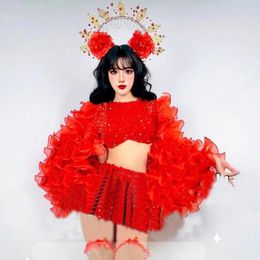 Stage Wear Jazz Clothing Red Gauze Sleeves Sequins Top Skirt Women Group Festival Outfit Sexy Gogo Dance Costume Rave Clothes XS6410