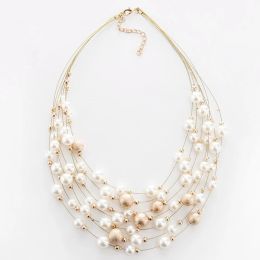 Necklaces KMVEXO 2020 New Fashion Jewellery Gold Colour Multi Layer Chains Imitation Pearl Necklaces For Women Party Wedding Bride Necklace