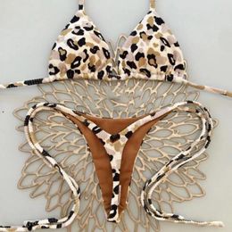 Women's Swimwear High-waisted Swimsuit Leopard Print Halter Bra Lace-up Thong Set Cherry Brazilian Bikini Sexy Two Piece For Women