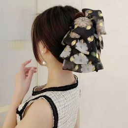 New French Vintage Elegant Versatile Printed Fabric Hair Clip Hair Accessories Black Gold Bow Fragmented Flower Grab Clip