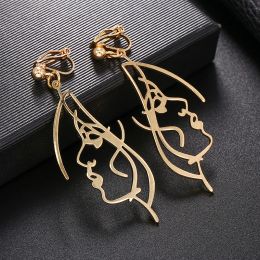 Earrings 2020 New Arrival Abstract Stylish Hollow Out Face Earrings Clip Girls Statement clip Earrings no hole Statement Earrings