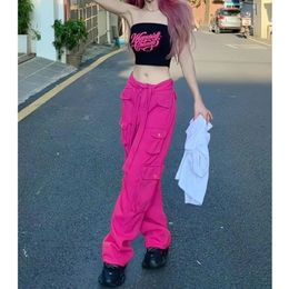 Rose Jeans American High Street Dragon Fruit Colour Matching Fall Multi-pocket Loose Thin Wide Leg Work Pants Women Clothing 240421