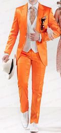Men's Suits Orange Satin Men Suit Slim Fit 3 Piece Tuxedo Custom Formal Groom Party Prom Blazer Casual Wedding For Costume Homme