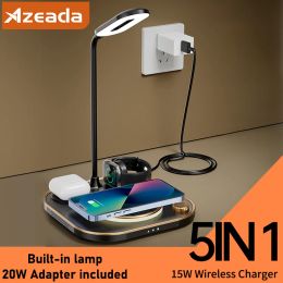 Chargers Azeada 5 in 1 15W Wireless Charger Kit with Desk Lamp for iPhone 15 14 Pro/Max/Plus AirPods 3 2 iWatch Fast Wireless Charging