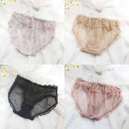 Panties Women's Large Sexy Lace Thin Mesh Transparent Sweet Bow Ruffle Cute Briefs Underwear Plus Size Women 220511