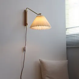 Wall Lamp Rocker All-copper Rotating Pleated Lights Wooden Socket Type With Switch Bedroom Bedside Room Sconce Led