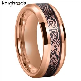Rings 8mm Tungsten Carbide Rings Rose Dragon/Black Carbon Fibre Inlay For Men Women Wedding Band Bevelled Edges Polished Comfort Fit