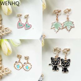 Earrings WENHQ Gold Color Cartoon Enamel Clip on Earrings Fashion Cute Small Flower Animal Cuff Earrings Ear Clip No Ear Hole Earrings