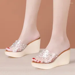 Slippers 8cm Small Size 32-43 Elegant Rhinestone Transparent Platform Wedges Shoes 2024 Summer Women Slides Heels Office Beach