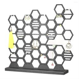 Jewellery Pouches Honeycomb Grid Shelf Wooden Rack Vertical Desktop Earring Storage Accessories Display Holder Black