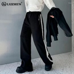 Men's Pants LUZHEN 2024 Spring Stylish Straight Loose Original Casual Men Trendy Pearl Decorate Splicing Design Street Trousers LZ2765