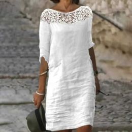 Basic Casual Dresses Women Hollow Out Boho Dress White Vestidos 2024 Summer Fashion Lace Loose Beach Dresses Elegant Ladies Casual Midi DressL2404