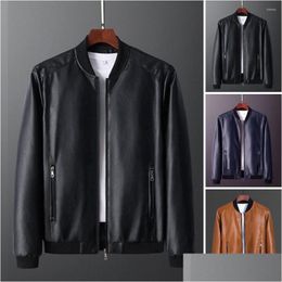 Mens Jackets Men Faux Leather Jacket Long-Sleeved Windproof Vintage Smooth Winter Stand Collar Drop Delivery Apparel Clothing Outerwea Dhvh6