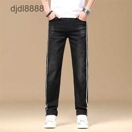 Summer Thin Striped Mens Straight Jeans with Black Embroidery Elastic and Loose Wide Leg Pants Trendy Brand