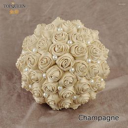 Wedding Flowers TOPQUEEN F3-CP Bridal Bouquets Artificial Flower Champagne Bouquet Stunning Handmade Satin Rose For Bridesmaid