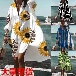 Casual Dresses Summer Fashion Style Street Plus Size Women Loose Digital Print Long-Sleeved Lapel Shirt Dress