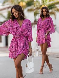 Casual Dresses Summer Fashion European And American Style Street V-neck Half Sleeves Elegant Amazon Wave Sleeve Dress Female